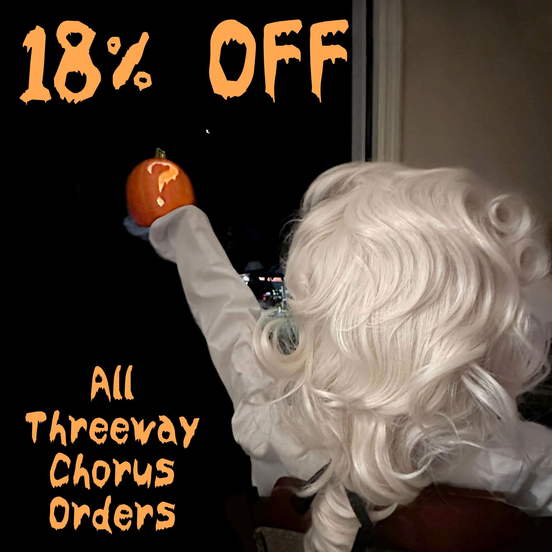 Halloween poster featuring a white-haired figure holding a question-mark pumpkin: 18% off all Threeway chorus orders.